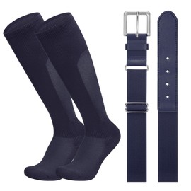 LEACOOLKEY Baseball Belt and Socks Combo Set Breathable Softball Socks and Elastic Belt for Youth Boys Girls Navy Blue