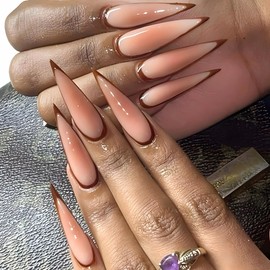 MERVF Long Stiletto Press on Nails Brown French Tip Aura Gradient Fake Nail Solid Color Almond Glue ons Fall Autumn Acrylic Manicure Glossy 24pcs