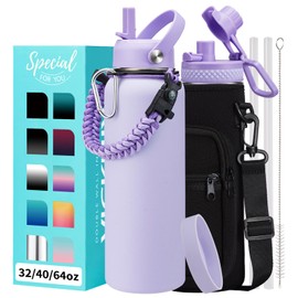 40 oz Water Bottle with Straw Spout Lids - Cold 48H Hot 24H Insulated Water Bottle Carrying Sleeve with Strap Handle, Bottom Boot, Leak-Proof Stainless Steel Thermal Flask for Women, Lilac Purple