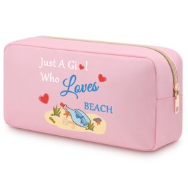 Beach Trip Gifts Pink Makeup Bag Beach Vacation Gifts for Women Her Girls Beach Themed Gifts Oxford Cloth Cosmetic Bag Just A Girl Who Loves Beach Summer Lovers Travel Makeup Organizer