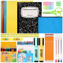 50 Pcs Back to School Supplies Kit for Kids K-12, School Essentials Supplies Set Bulk for Girls, Boys, Teachers. Includes Crayons, Pencils, Folders, Notebooks and Much More for Students All Ages