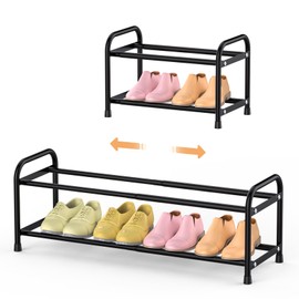 isightguard 2 Tier Expandable Shoe Rack, Adjustable Shoe Shelf Storage Organizer, Black Shoe Organizer for Closet, Free Standing Shoe Rack for Entryway, Closet, Doorway, Garage