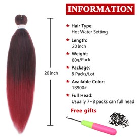 Xtrend 20 Inch EZ Braids 8 Packs Ombre Bungundy Pre-Stretched Simple Braiding Hair Extensions Itch-free Hot Water Setting Synthetic Fibre Hair Extensions 1B900#