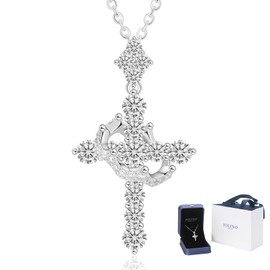 JOLINO Cross Necklace for Women, Crown Cross Necklace, 1.1 Carats Dainty Moissanite Jewelry, 925 Sterling Silver 18K White Gold Plated, Simple Christian Faith Cross Pendant Jewelry for Women (Silver)