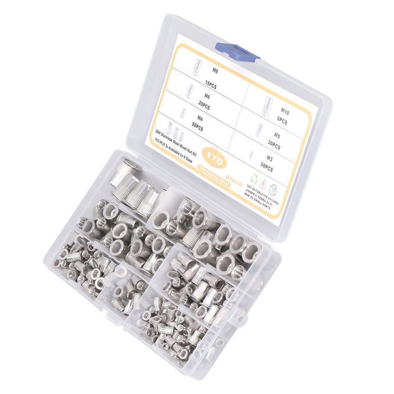 170pcs M3‑M10 304 Stainless Steel Rivet Nuts Durable Flat Head
