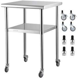 VEVOR Stainless Steel Prep Table, 24 x 24 x 33.5 Inch, 600lbs Load Capacity Heavy Duty Metal Worktable with Adjustable Undershelf & Universal Wheels, Commercial Workstation for Kitchen Garage Backyard