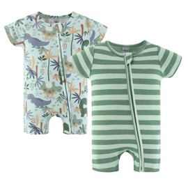 The PeanutShell Baby Boy Rompers 2 Pack - 100% Cotton Rompers for Newborn, Infant and Baby Boys - Newborn Clothes 0-3 Months - Green Dino