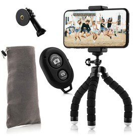 MOJOGEAR Flexible Mini Tripod Kit: with Phone Holder, Bluetooth Remote, Action Cam Adapter and Storage Bag - Up to 18cm Height - Black