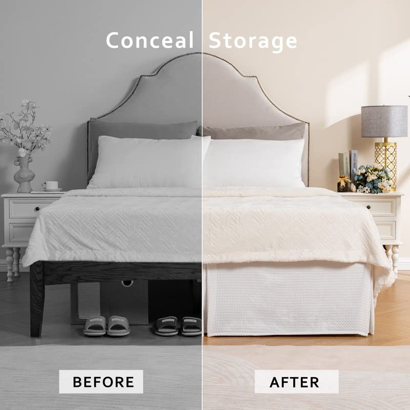 MIYE Pleated Waffle Weave Bed Skirt, Tailored Dust Ruffle 18