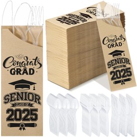 Funnymoom 400 Pcs 2025 Graduation Silverware Bags Dinnerware Set - Includes Paper Silverware holder Disposable Plastic Spoons Knives and Forks, Class of 2025 Parties School Congrats Supplies(Brown)