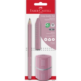 Faber-Castell Jumbo Grip 580082 Pencil Set with Pencil, Eraser and Triple Sharpener Rose Shadows on Blister Card