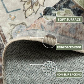 RELEANY 6ft Area Rug Vintage Machine Washable Low Pile Carpet No Shedding Area Rugs for Living Room Bedroom Dining Room Kitchen Entryway Hallway Office Indoor-Dark Green/Brown/Multi