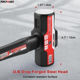MAXPOWER 3lb Sledge Hammer, Drop forged Steel Head, 12.8 inch Fiberglass Handle Shock-Resistant