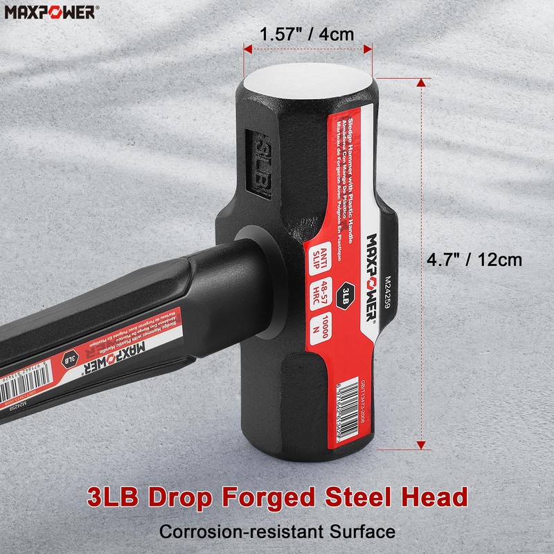 MAXPOWER 3lb Sledge Hammer, Drop forged Steel Head, 12.8 inch