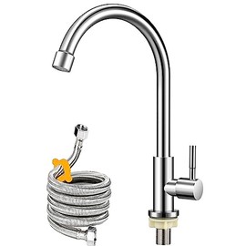Cold Water Faucet Only,Brushed Nickel Stainless Steel Single Handle Single Hole Faucets High Arc Cold Water Sink Faucet for Kitchen,Outdoor, Garden and Bar.(Free Water Supply Lines)