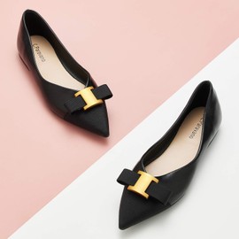 C.Paravano Women's Pointed Toe Ballet Flats with Bow Slip-On Dressy Flats for Women Comfortable Elegant Casual Shoes for Work Part Daily Wear (Size 9.5,Black Metal)