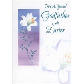 Designer Greetings Single White Flower with Thin Blue Foil Stem on Purple Godfather Easter Card