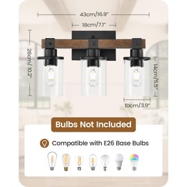 GOEBLESON 3-Light Bathroom Light Fixture, Farmhouse Vanity Lights for Bathroom with Glass Shade, Rustic Bathroom Light Fixtures, E26 Base F08BD05