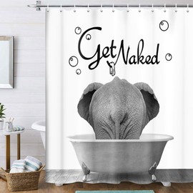 Uokiuki Get Naked Fabric Shower Curtain, Funny Animal Elephant Bathing in The Bathtub Shower Curtain for Bathroom, Cute Bath Curtain with Hooks 69 x 70 Inch