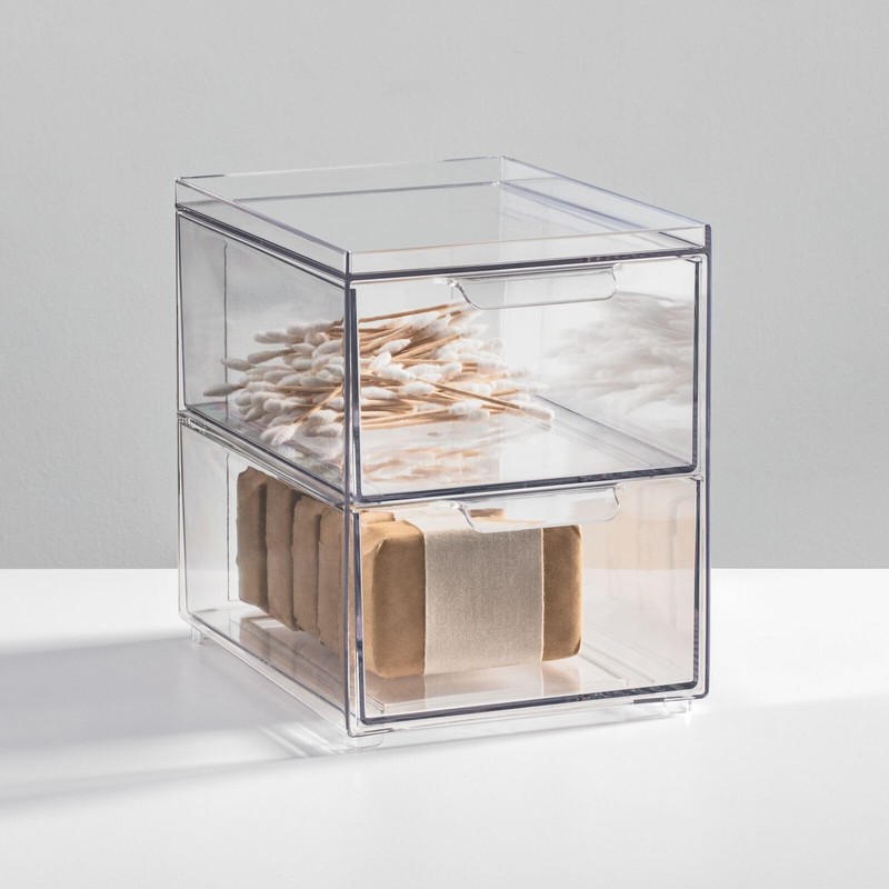 mDesign Stackable Storage Containers Box with 2 Pull-Out Drawers -