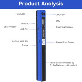 AOZBZ Portable Document Scanner - 900DPI Handheld Portable Scanner Image Scanner Scanning Wand A4 Colour Photo Mobile Scanners Handy Scan, JPG/PDF Format, with 16G SD Card (Blue)