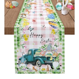 Easter Gnome Table Runners 90 inches Long, Blue Truck Easter Rabbit Pink Green Plaid Table Runner Farmhouse Dresser Scarves,Decortaive Table Runner Cover for Dining Coffee Table Holiday Party Wedding