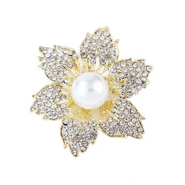 LISADORE Crystal Pearl Flower Brooch Pin Six Leaves Flower Rhinestone Lapel Pin Vintage Elegant Collar Pins Flower Pearl Badge Pins Women Banquet Crystal Pin Clothing Decoration