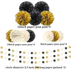 Party Decoration Pompoms Pack of 15 Black Gold White Tissue Paper Pompoms Decoration with Tissue Paper Pom Poms and Dots Paper Garland for Wedding Prom Baby Shower Birthday
