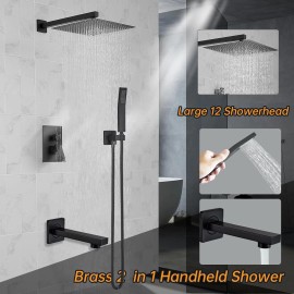 Gotonovo Black 12" Rainfall Shower Faucet Set Shower Head Combo Kit W/Tub Spout Mixer Tap