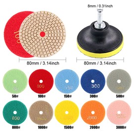 Glarks 3 Inch 10Pcs 50 to 3000 Grit Wet Diamond Polishing Pads with Hook and 3 Inch Loop Backing Holder Disc with 1/4 Inch Shank Set for Granite, Stone, Concrete, Marble, Travertine Polishing