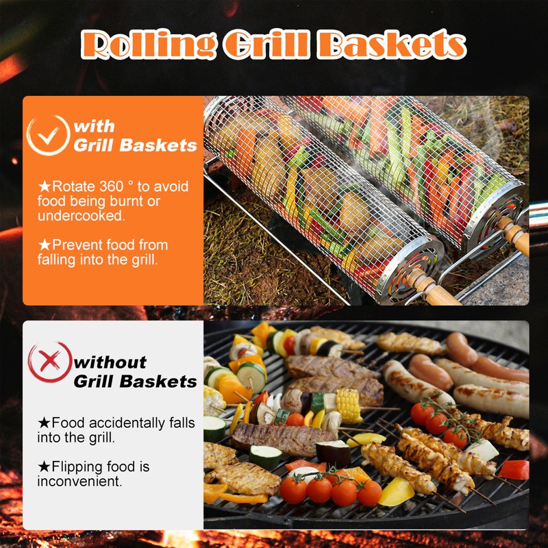 Rolling Grill Basket（2PCS） with Detachable Handle, 304 Stainless Steel BBQ