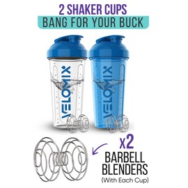 VELOMIX -2 Pack- 28 oz Protein Shaker Bottles for Protein Mixes - 2x Wire Whisk | Leak Proof Shaker Cups for Protein Shakes | Protein Shaker Bottle Pack | Shakers for Protein Shakes-Blue&Transparent