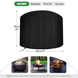 RICHIE Fire Pit Cover Round 80CM, Heavy Duty Rip Proof 600D Oxford Fabric Outdoor Garden Patio Heater Cover, Waterproof, Windproof, Anti-UV, (Ø80 x 50cm) - Black