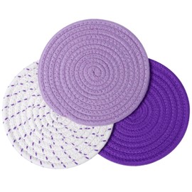 Lifaith 100% Cotton Thread Weave Pot Holders, Hot Pads, Pot Holders, Spoon Rest, Jar Opener & Coasters, for Cooking and Baking, Diameter 7 Inches, Round, Set of 3, Purple Set