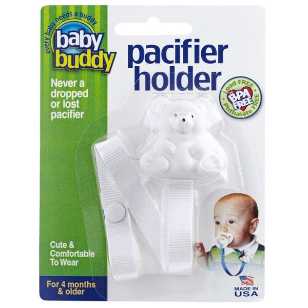 Baby Buddy Pacifier Clip Holder, Newborn Essential with Universal Fit for all Binky and Teether Brands, Ages 4+ Months, White, 1 Pack