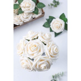 Floroom Artificial Flowers 50pcs Real Looking Cream Foam Fake Roses with Stems for DIY Wedding Bouquets Bridal Shower Centerpieces Floral Arrangements Party Tables Home Decorations