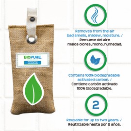 Biopure - Kit bolsas purificadoras - Carbón activado 100% biodegradable - Coco - Yute - Remueve malos olores, humedad, moho y alérgenos - Hecho en México - (225 gr)