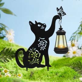 Black Cat Solar Light Outdoor Garden Decor - Metal Cat Holding Lantern Stake, Waterproof Solar-Powered Pathway Light for Yard Pathway Lawn Patio - Unique Gift for Halloween Christmas Garden Decor