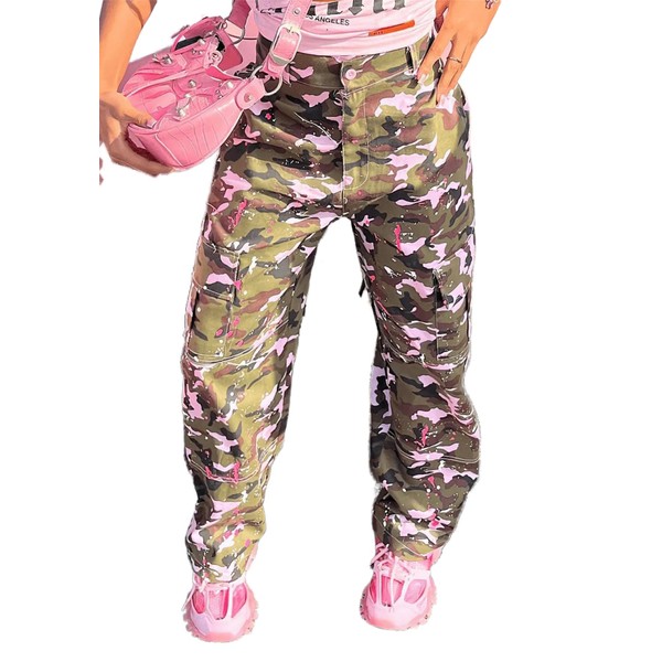 Womens Fashion Y2K Tie Dye Pink Camo Cargo Loose Sweatpants
