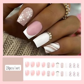 Clataly Pack of 24 Christmas Elk False Nails Snowflake Fake Nails Flat Head Nail Press On False Nails (B)