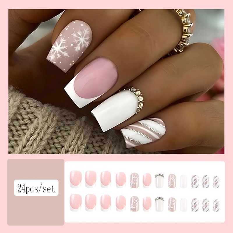 Clataly Pack of 24 Christmas Elk False Nails Snowflake Fake