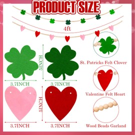 2 Pcs Valentine’s Day St. Patrick's Day Wood Bead Garland Valentine’s Day Felt Heart Banner St. Patrick Day Shamrock Banner Garland for Mantle Fireplace Room Valentine St. Patrick's Hanging Decor