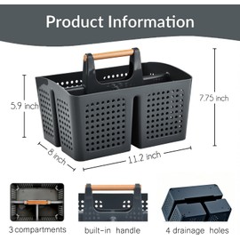 PAKCHOICE Portable Shower Caddy Basket with Compartments, Plastic Divided Cleaning Caddy Organizer Storage Tote with Handle for Bathroom, College, Dorm Room Essentials, Dark Gray