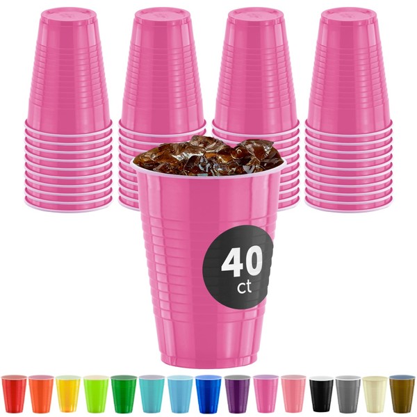 DecorRack 40 Party Cups 12 oz Disposable Plastic Cups for Birthday Party Bachelorette Camping Indoor Outdoor Events Beverage Drinking Cups (Pink, 40)