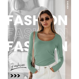 Ficerd 3 Pack Women's Long Sleeve Shirts Casual Scoop Neck Basic Tops Solid Layer T Shirts for Ladies(Haze Blue, Pink, Bean Green,X-Large)