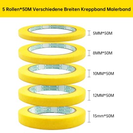 HavaCue 5 Rolls Masking Tape Painter's Tape, Five Different Sizes Painter Tape, Gold Tape, Masking Tape, Model Making for Car Painting, Painting, Decorating, Plastering (5 mm/8 mm/10 mm/12 mm/15 mm x