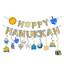 eBoutik - Happy Hanukkah Party Decoration Hanging Bunting and spirals - Chanukah Banner Decor - Bunting Banner decor for Jewish Theme Party Supplies
