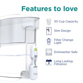 PUR 30-Cup Water Filter Dispenser with 1 Genuine PUR Filter, Large 30-Cup Capacity, 3-in-1 Faster Filtration, Dishwasher Safe, White (DS1810ZA)