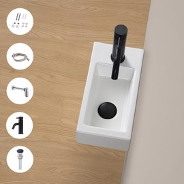 MAISINK Wall Mounted Sink, Small Bathroom Sink, Wall Hung Basin Sink, White Rectangle Ceramic Wash Basin Right Hand with Tap & Drain (Left Hand)