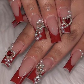 Buy 10 Get 10 Free! [Machine-Made] 24pcs Press-On Nails with Rhinestones & Flowers â€“ French Style Glue-On Nails for Women & Girls:_022